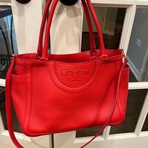Tory Burch grained calf leather satchel bag.